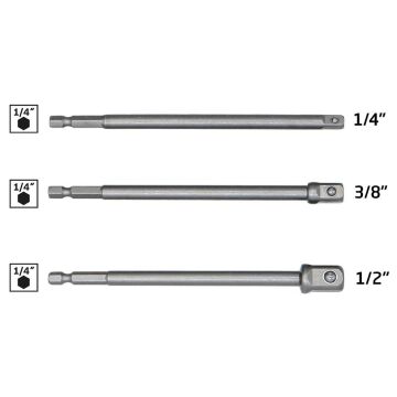 6534 Uzun Bits Saplı Lokma Adaptör Seti 150 mm (1/4'' - 3/8'' - 1/2'')