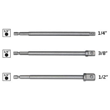 6534 Uzun Bits Saplı Lokma Adaptör Seti 150 mm (1/4'' - 3/8'' - 1/2'')