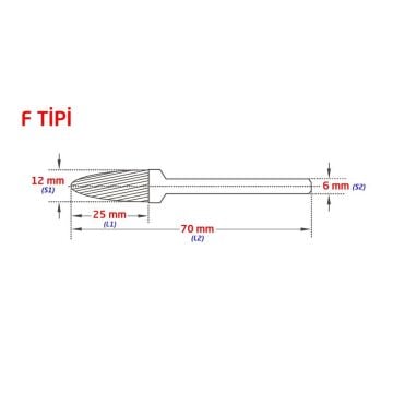 Tungsten Karbür Kalıpçı Freze F Formu 12x25 mm (Sap: 6mm)