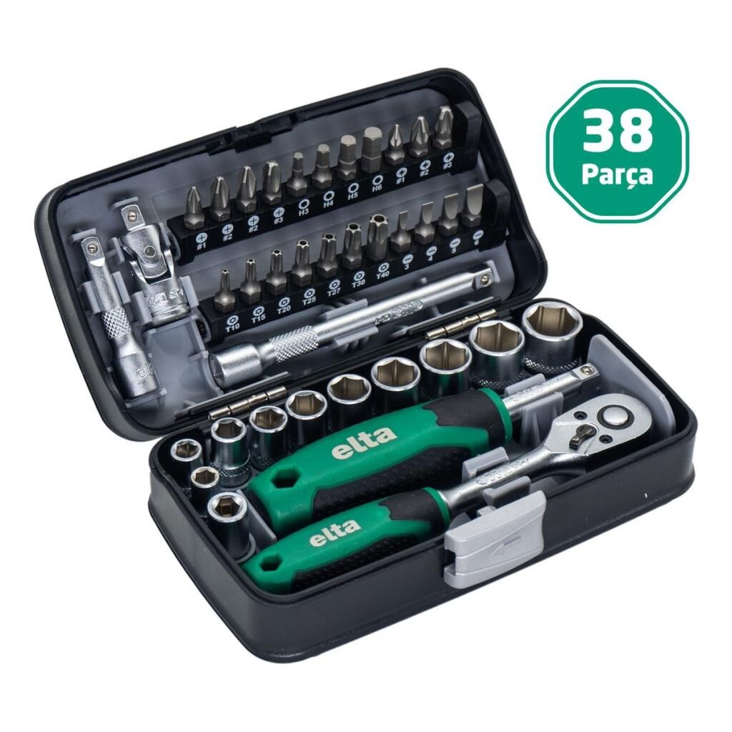 Elta 1/4'' Altıköşe Cırcırlı Lokma Anahtar ve Bits Uç Seti 38 Parça