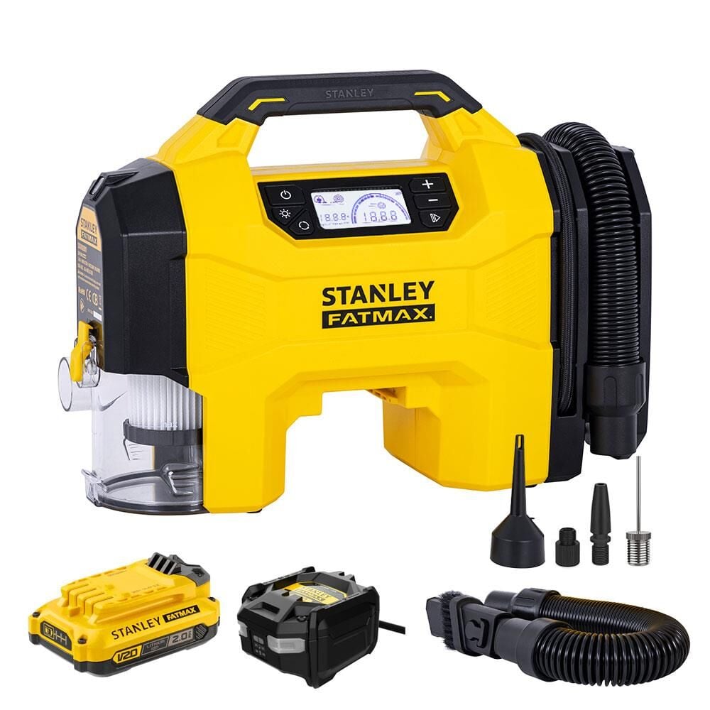 STANLEY SXVI02001A 12V/18V 2Ah Li-ion Şarjlı 160 PSI Dijital Göstergeli Lastik&Yatak Şişirme Pompası+Araç Süpürgesi