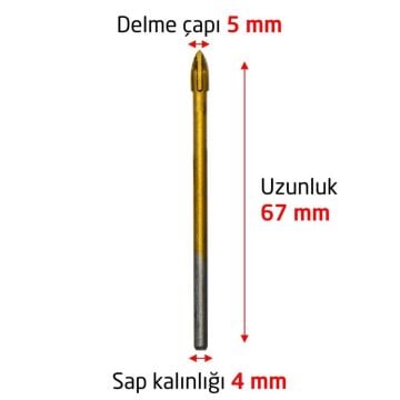 6171 Ok Tipi 4 Elmaslı Cam Fayans Delme Matkap Ucu 5 mm