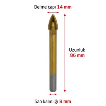 6178 Ok Tipi 4 Elmaslı Cam Fayans Delme Matkap Ucu 14 mm
