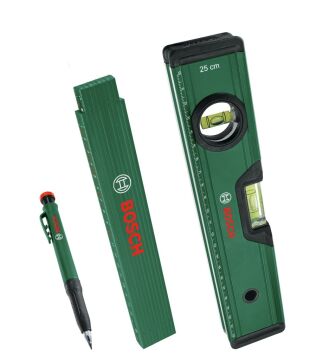 BOSCH Su Terazisi - Katlanır Metre - Kalemli İşaretleme Seti (1600A02W7S)