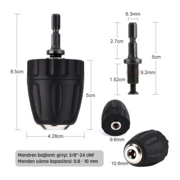 6204 Anahtarsız Plastik Mandren 0.8-10mm 3/8''-24UNF (Bits Sap Adaptörlü)