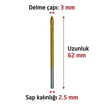 6169 Ok Tipi 4 Elmaslı Cam Fayans Delme Matkap Ucu 3 mm