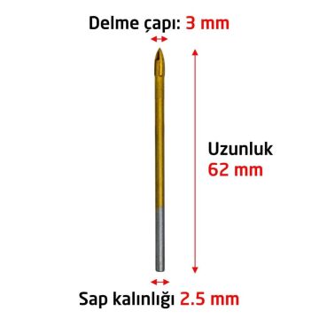 6169 Ok Tipi 4 Elmaslı Cam Fayans Delme Matkap Ucu 3 mm