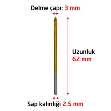 6169 Ok Tipi 4 Elmaslı Cam Fayans Delme Matkap Ucu 3 mm