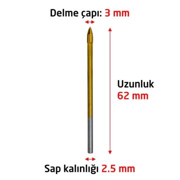 6169 Ok Tipi 4 Elmaslı Cam Fayans Delme Matkap Ucu 3 mm