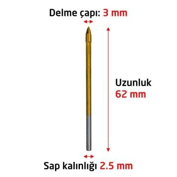 6169 Ok Tipi 4 Elmaslı Cam Fayans Delme Matkap Ucu 3 mm