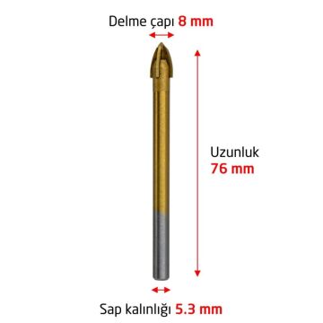 6174 Ok Tipi 4 Elmaslı Cam Fayans Delme Matkap Ucu 8 mm
