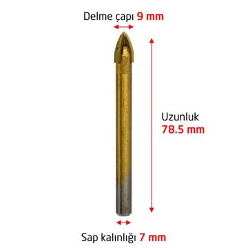 6175 Ok Tipi 4 Elmaslı Cam Fayans Delme Matkap Ucu 9 mm