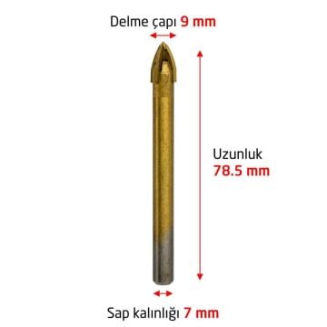 6175 Ok Tipi 4 Elmaslı Cam Fayans Delme Matkap Ucu 9 mm
