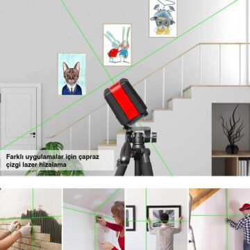 KOBB KBL92G Yatay ve Dikey Otomatik Hizalamalı Yeşil Çapraz Çizgi Lazer, 2 Noktalı Şakül Lazer Distomat + Mini Tripod