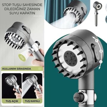 6115 Yüksek Basınçlı 3 Fonksiyonlu Masajlı El Tipi Duş Başlığı