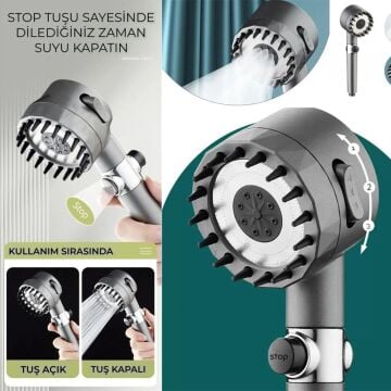 6115 Yüksek Basınçlı 3 Fonksiyonlu Masajlı El Tipi Duş Başlığı