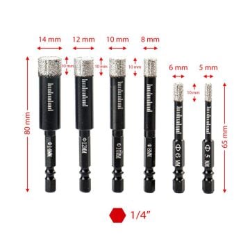 6508 Bits Saplı Cam Seramik Granit Fayans Delme Panç Seti 6 Parça