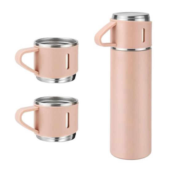 6006 Kupa Bardaklı Paslanmaz Çelik Termos Seti 500 ml - Pembe
