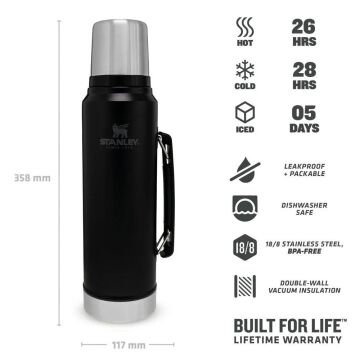 STANLEY Klasik Vakumlu Çelik Termos 1 Litre (Siyah)