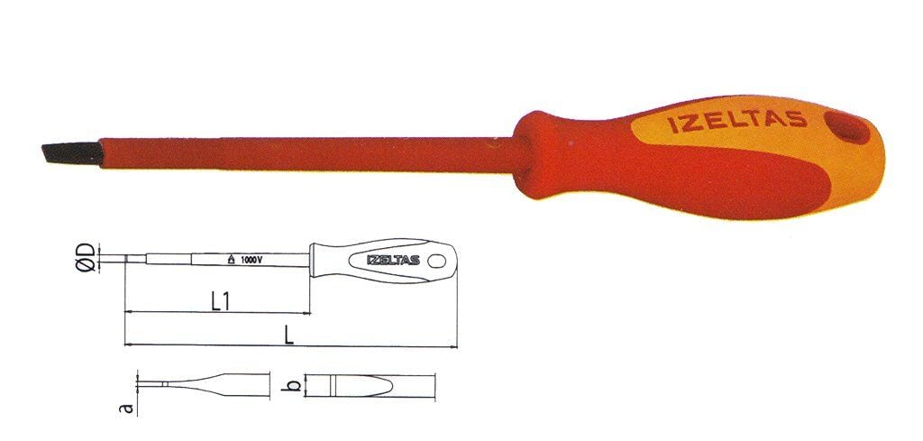 İZELTAŞ 1000V İzoleli Elektrikçi Düz Uçlu Tornavida 4x100 mm VDE