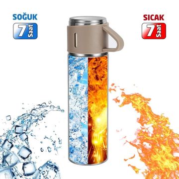 6007 Kupa Bardaklı Paslanmaz Çelik Termos Seti 500 ml - Kahverengi