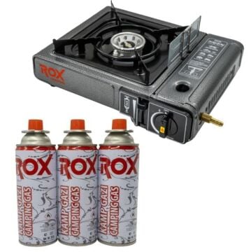 Rox Camping 0103 Tekli Portatif Kamp Ocak Rüzgarlıklı(Ekstra Gaz Girişli) - 3 Adet Rox Valfli Kamp Gazı Kartuş 227gr Hediyeli
