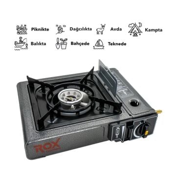 Rox Camping 0103 Tekli Portatif Kamp Ocak Rüzgarlıklı(Ekstra Gaz Girişli) - 3 Adet Rox Valfli Kamp Gazı Kartuş 227gr Hediyeli