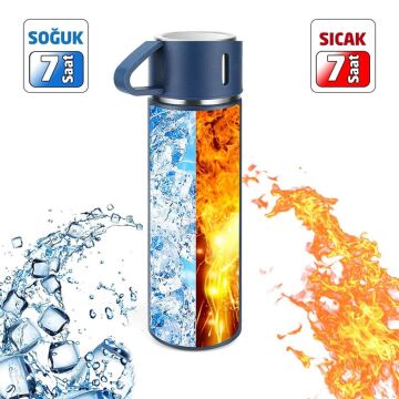 6002 Kupa Bardaklı Paslanmaz Çelik Termos Seti 500 ml - Mavi