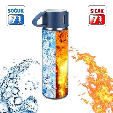 6002 Kupa Bardaklı Paslanmaz Çelik Termos Seti 500 ml - Mavi