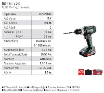 METABO BS 18 L Şarjlı Matkap 18 Volt 2.0 Amper