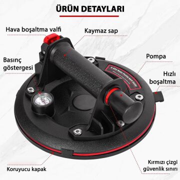 6273 Hava Pompalı Taşıma Vantuzu Basınç Saatli 20cm 250/300 Kg