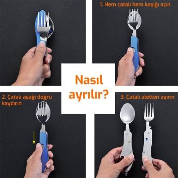 5336 Portatif Katlanır Kamp Çatal Kaşık Bıçak Açacak Seti - Mavi