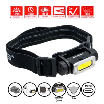 İzeltaş COB LED Şarjlı Alüminyum Gövde Kafa Feneri 450 lm