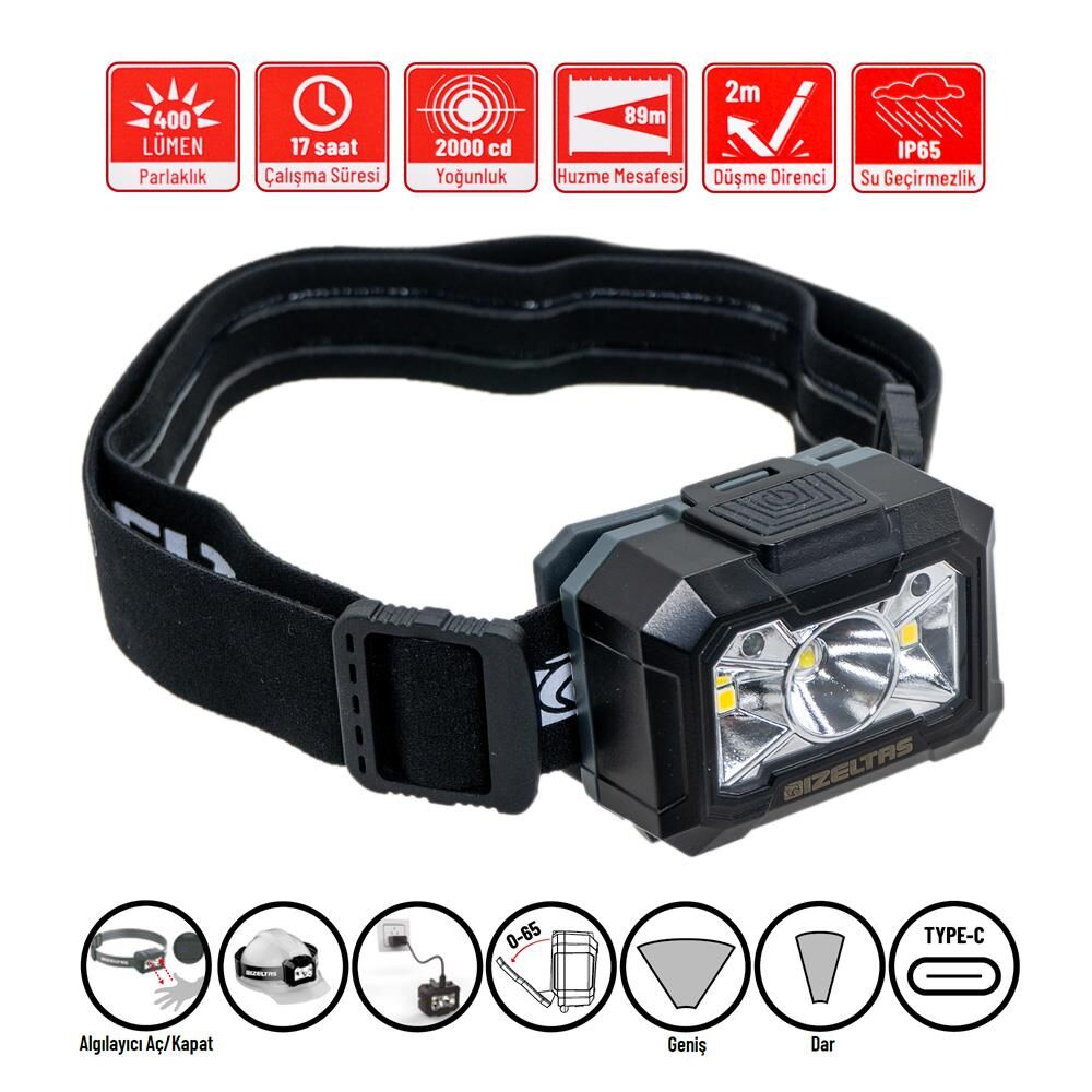 İzeltaş LED Şarjlı Hareket Sensörlü Kafa Feneri 400 lm